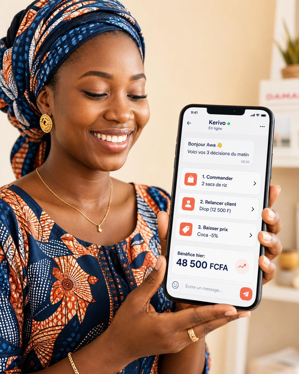 Entrepreneuse africaine souriante regardant les 3 décisions du matin sur Kerivo